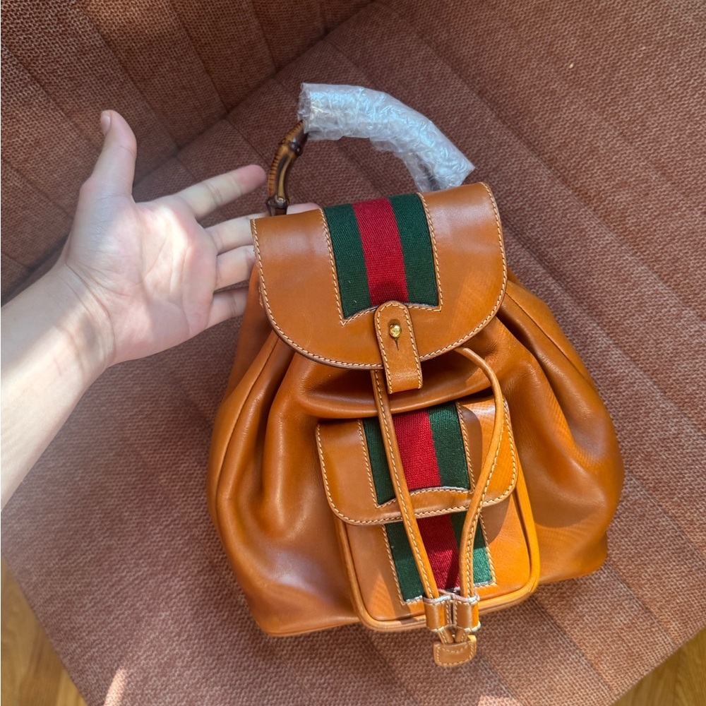 AUTH GUCCI VINTAGE BAMBOO BACKPACK SHERRY LINE DRAWSTRING
